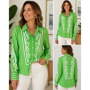 Bob Mackie Wearable Art Green Striped Baroque Button Down Blouse XL